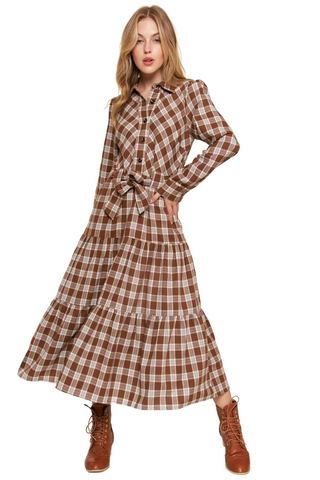 Plaid Tiered Midi Shirt Dress