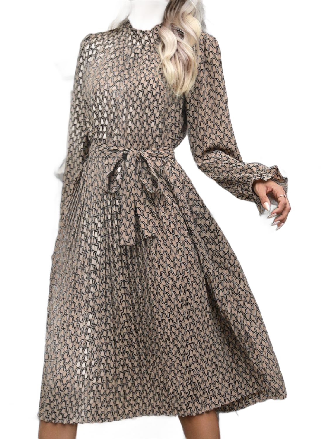 Printed Mock Neck Flounce Sleeve Dress