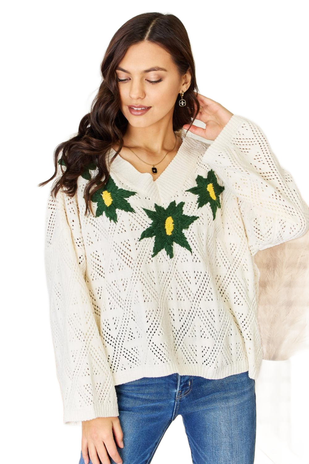 Floral Embroidered Pattern V-Neck Sweater