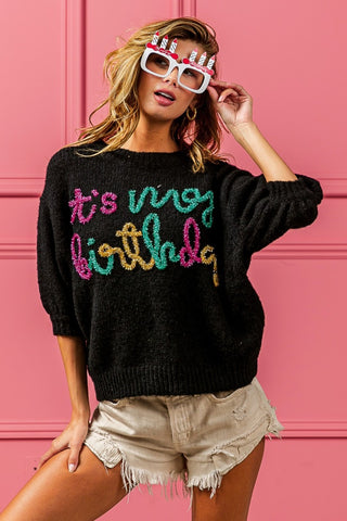 Bib Metallic Letter Puff Sleeve Hairy Sweater