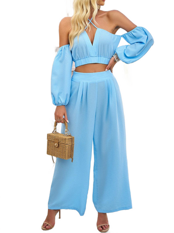 Halter Neck Top and Wide Leg Pants Set