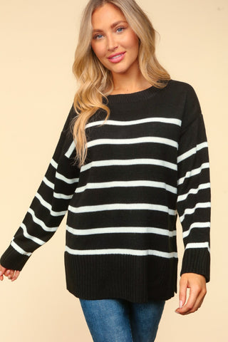 Full Size Striped Contrast Side Slit Sweater