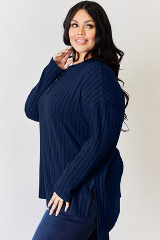 Full Size Ribbed Half Button Long Sleeve High-Low T-Shirt