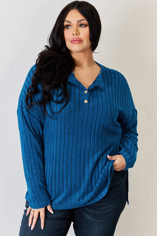 Full Size Ribbed Half Button Long Sleeve High-Low T-Shirt