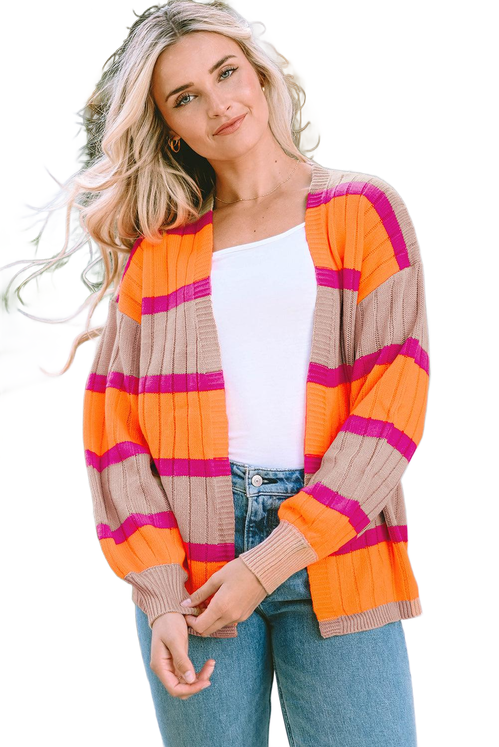 Ribbed Striped Open Front Long Sleeve Cardigan