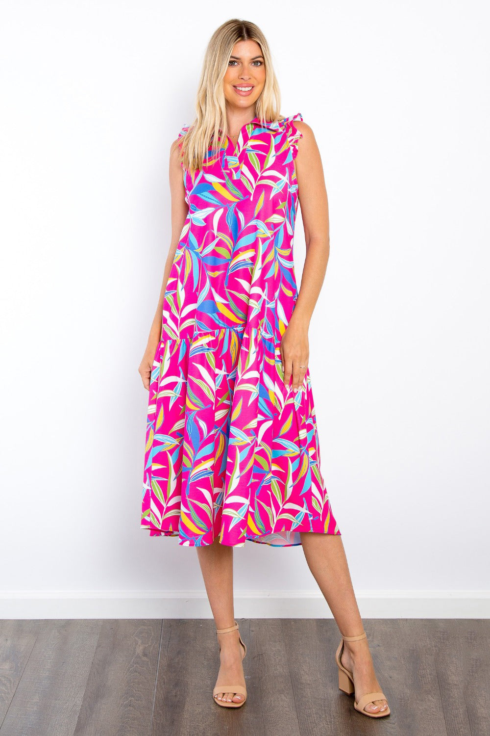 Print Ruffled Midi Dress with Pockets