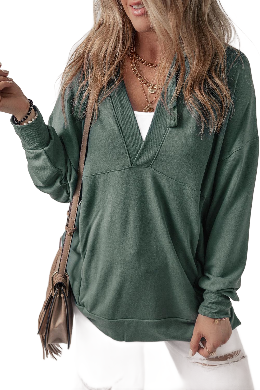 V-Neck Long Sleeve Hooded Top