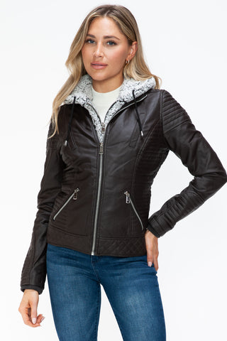 MI Faux Layered Double-Zipper Jacket with Fuzzy Hood