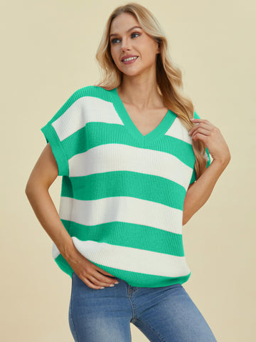 Full Size Striped V-Neck Short Sleeve Sweater