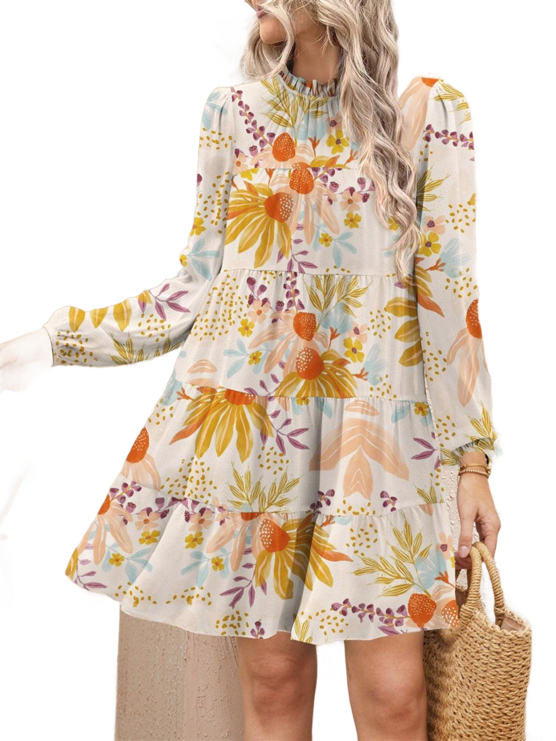 Tiered Printed Long Sleeve Mini Dress