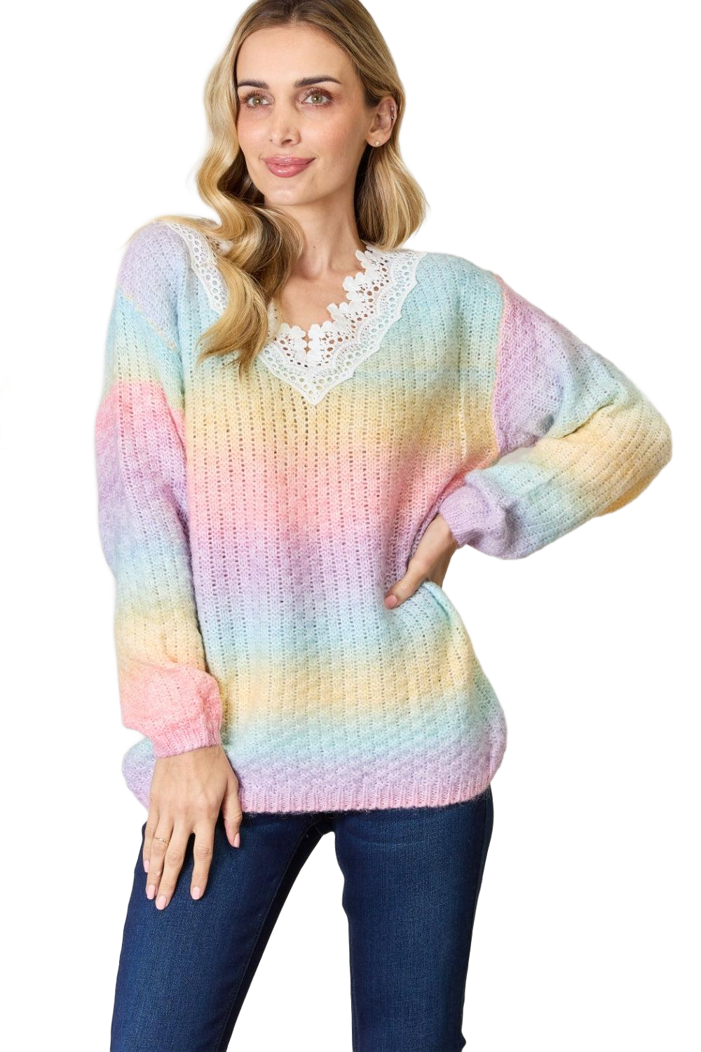 Rainbow Gradient Crochet Deetail Sweater