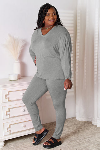 Full Size V-Neck Long Sleeve Top and Pants Lounge Set