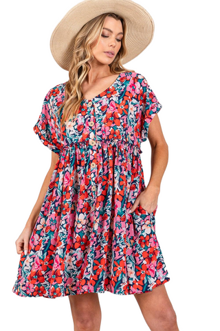 Floral Button Down Short Sleeve Mini Dress