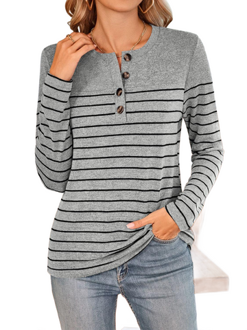 Quarter Button Striped Round Neck Long Sleeve T-Shirt