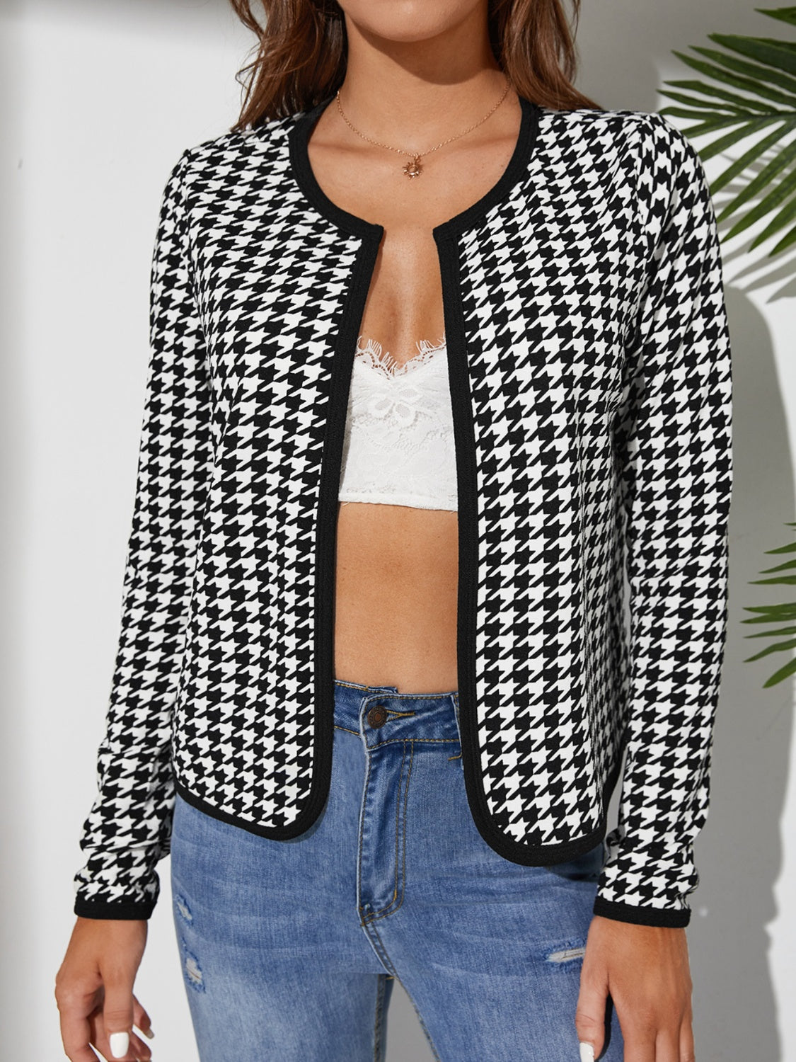 Hounds tooth Open Front Long Sleeve Jacket