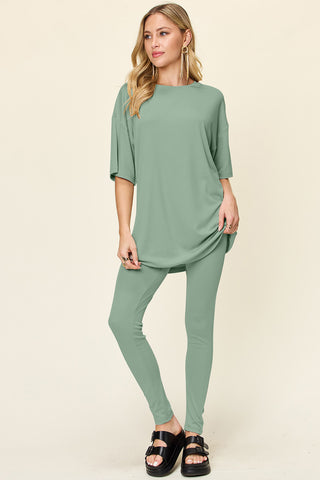 Full Size Round Neck Dropped Shoulder T-Shirt and Leggings Set