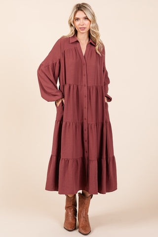 Photoshop Tiered Button Down Long Sleeve Midi Dress