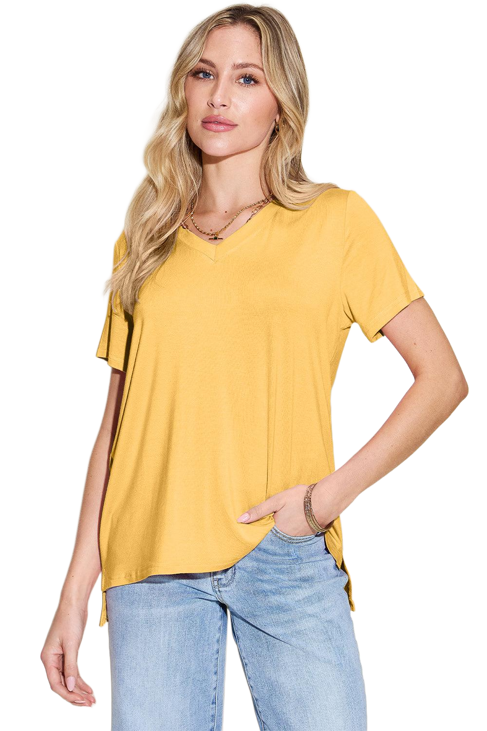 Full Size V-Neck High-Low T-Shirt