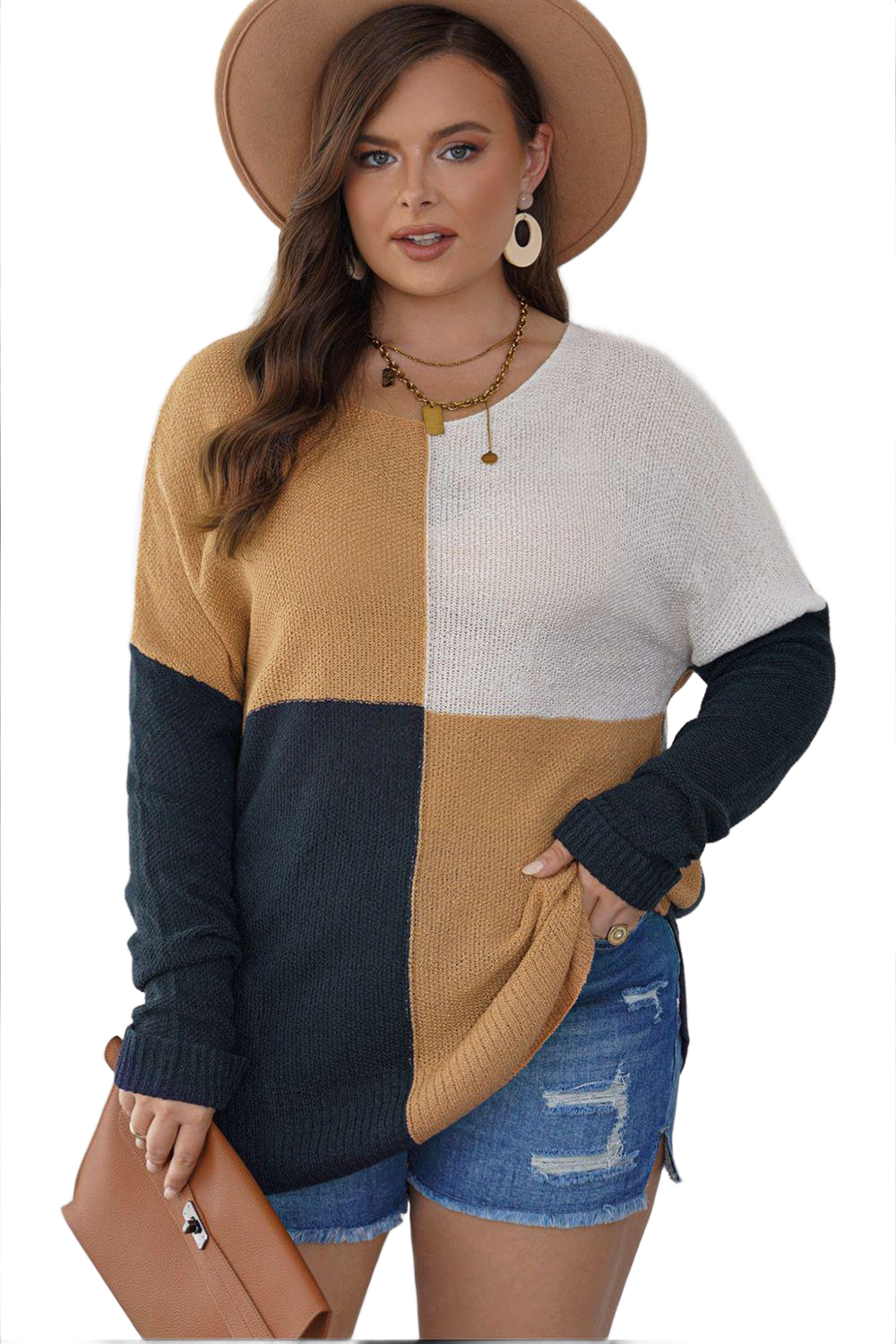 Plus Size Color Block Round Neck Sweater