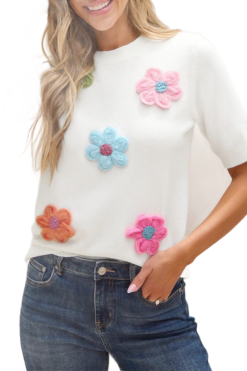 Flower Round Neck Short Sleeve Sweater