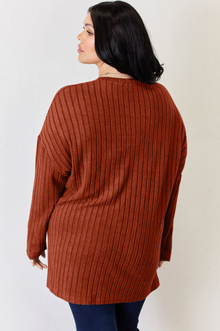 Full Size Ribbed Half Button Long Sleeve High-Low T-Shirt