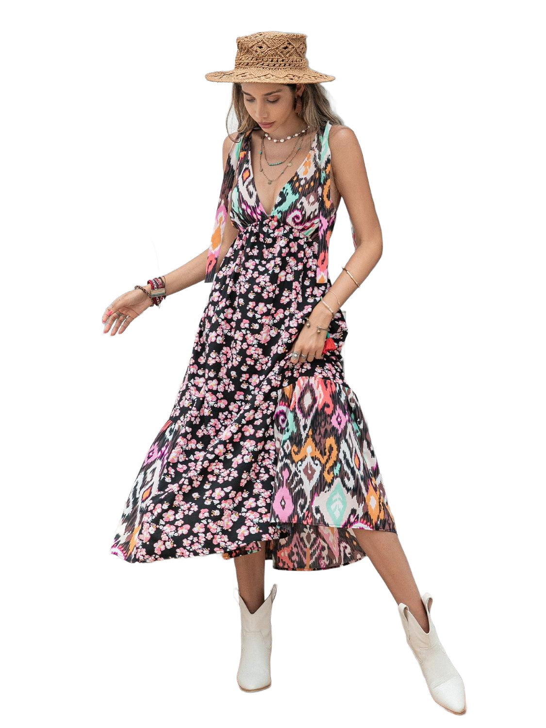 Printed Plunge Sleeveless Midi Dress