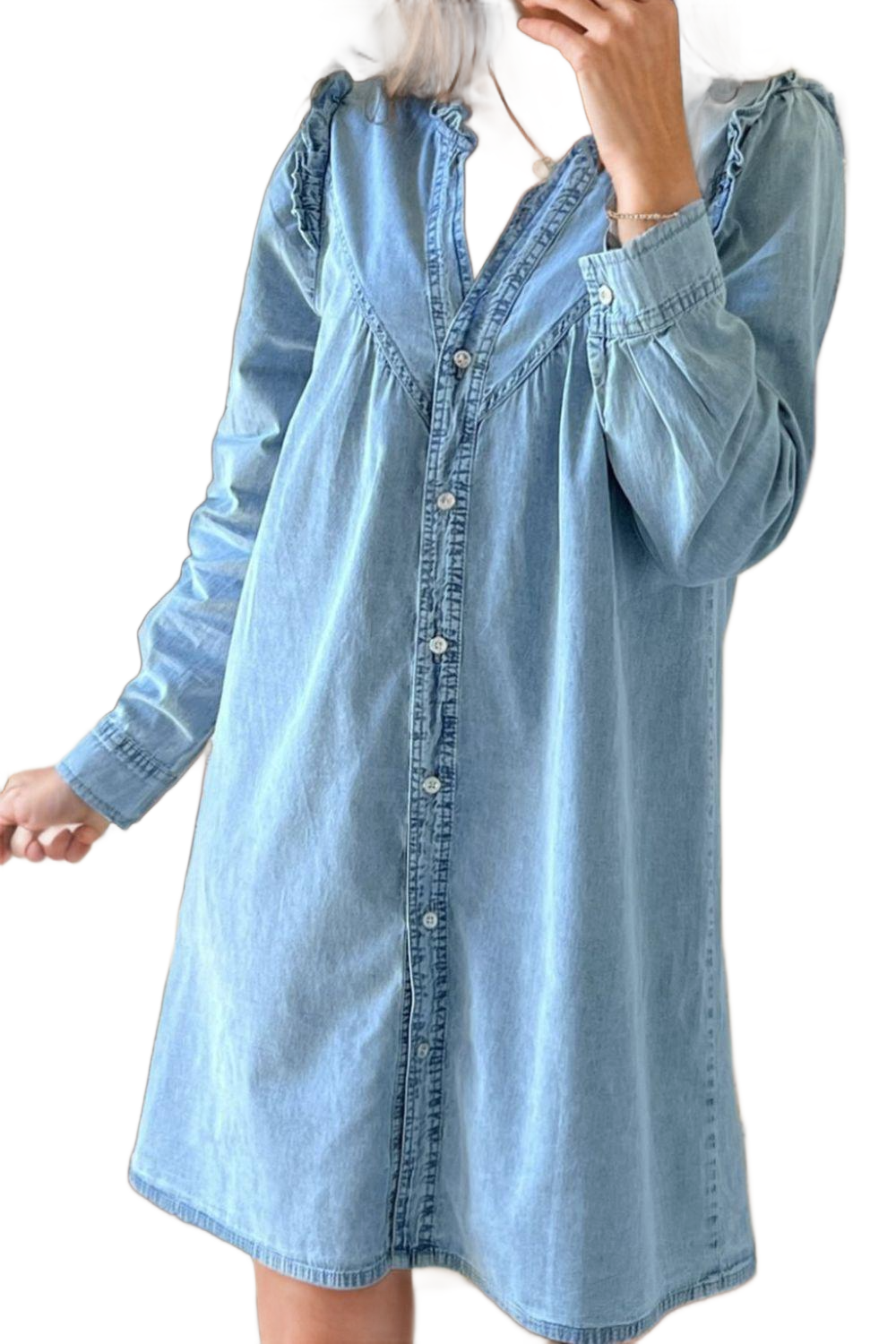 Button Up Notched Long Sleeve Denim Dress