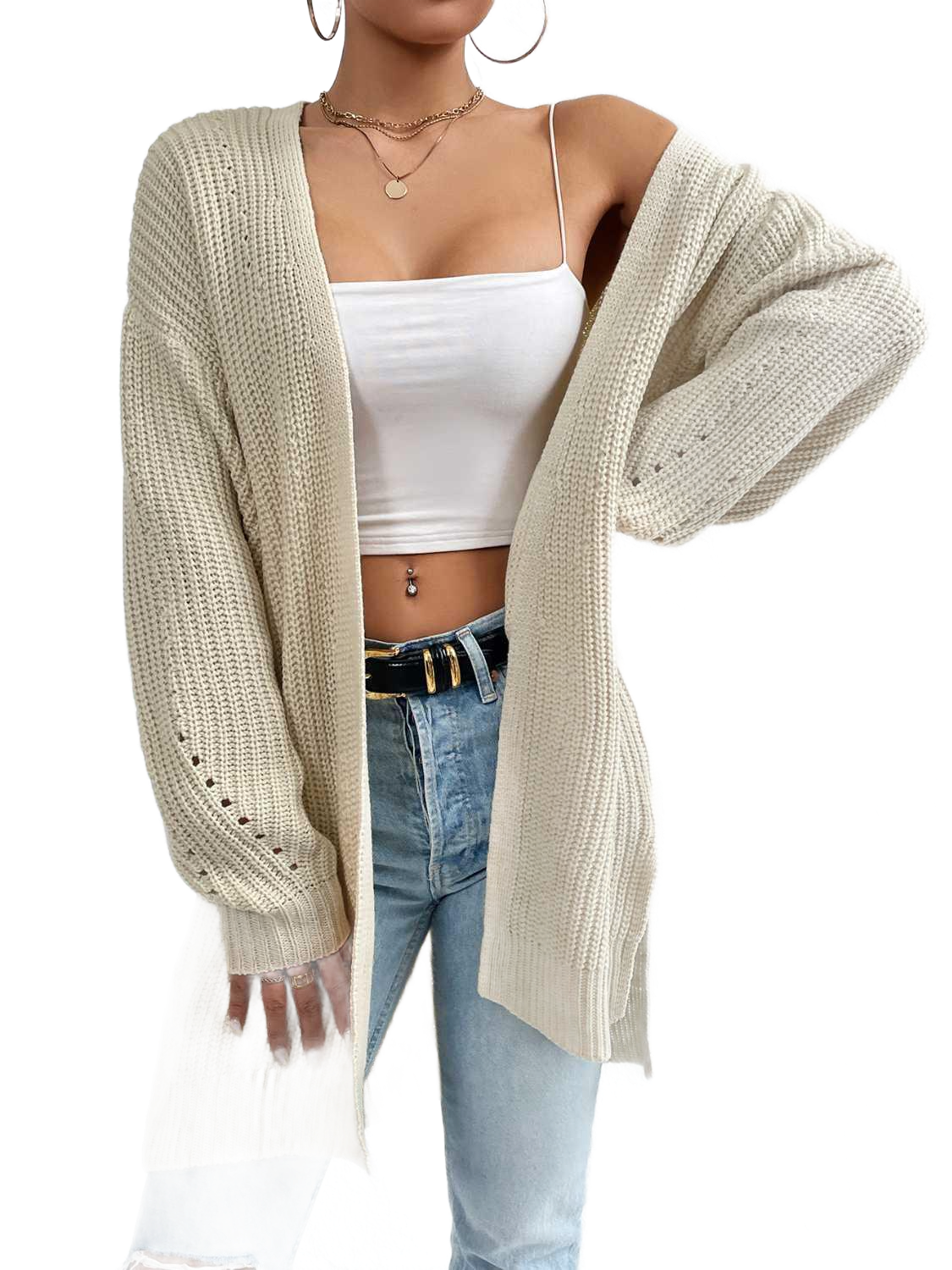 Open Front Dropped Shoulder Slit Cardigan