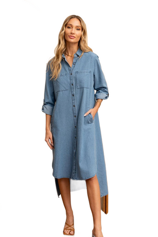 High-Low Button Up Roll-Tab Sleeve Denim Dress