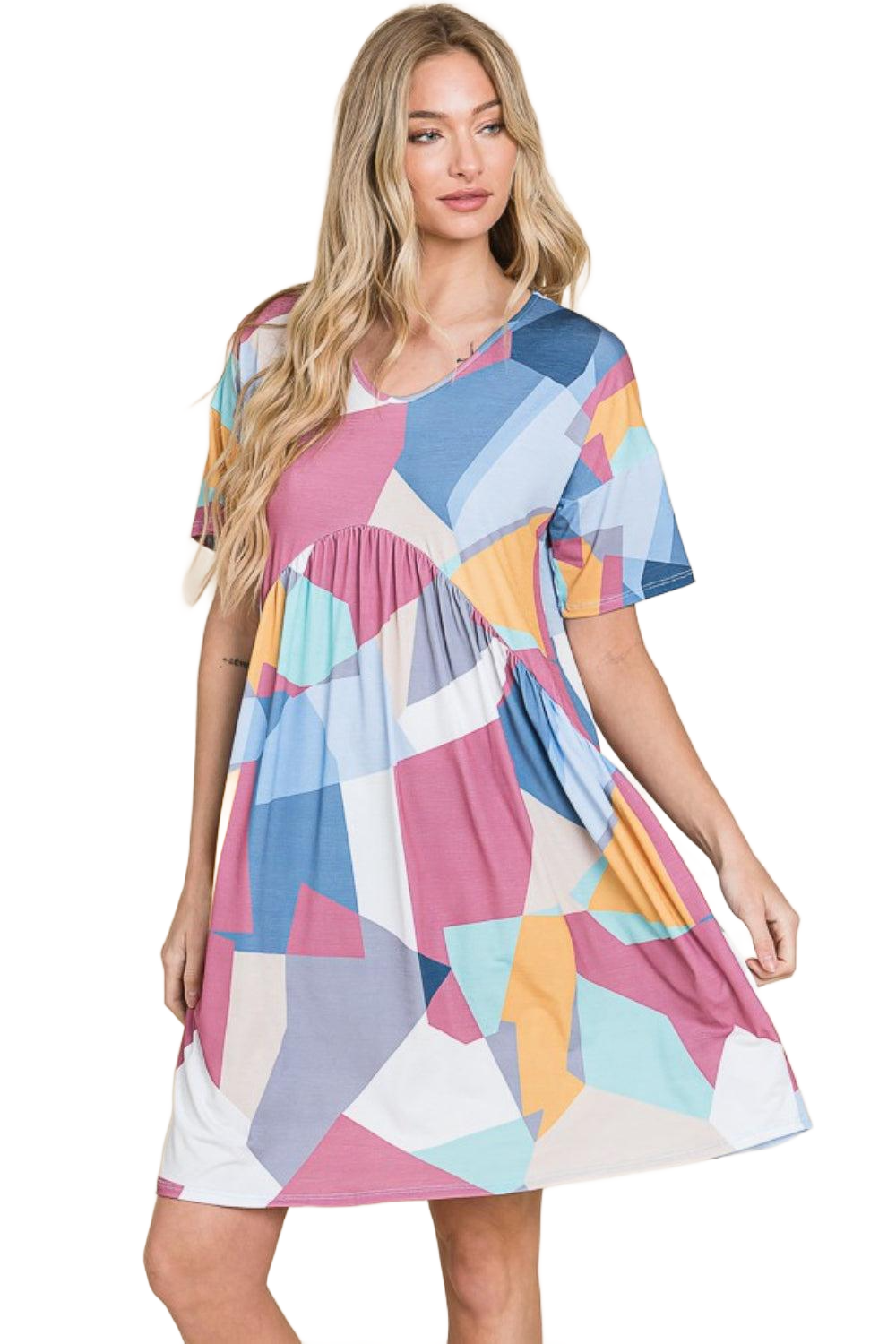 Ruched Color Block Short Sleeve Dress