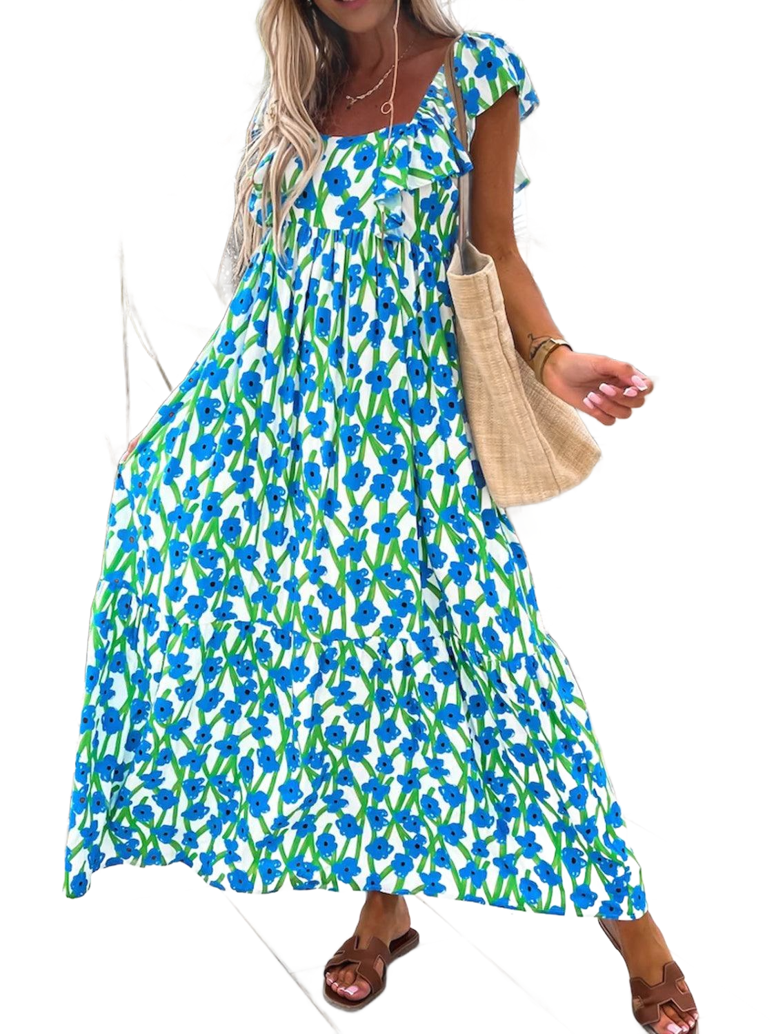 Ruffled Printed Cap Sleeve Midi Dress