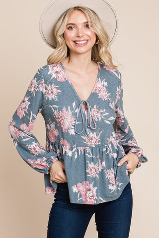 Super Lady Full Size Baby doll Floral Long Sleeve Blouse