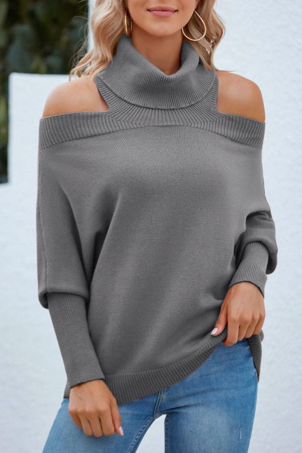 Off Shoulder Turtleneck Bating Sleeve Sweater