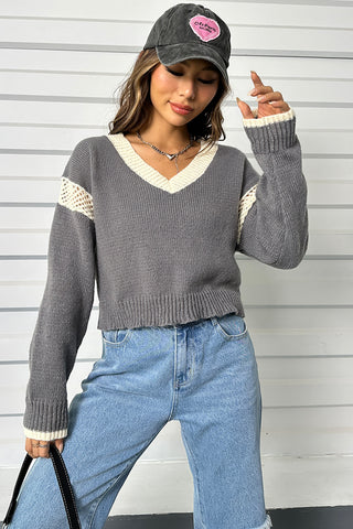 Contrast  Long Sleeve V-Neck Sweater