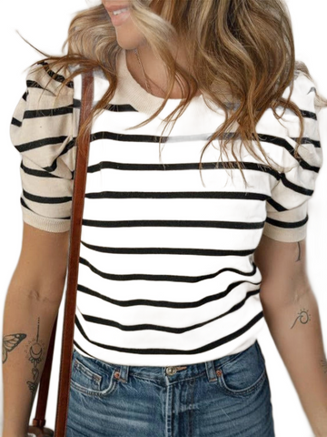 Striped Round Neck Puff Sleeve Knit Top