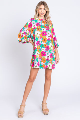 Full Size Floral Round Neck Lantern Sleeve Mini Dress