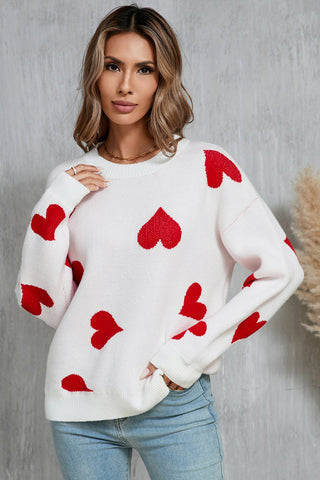 Heart Round Neck Dropped Shoulder Sweater