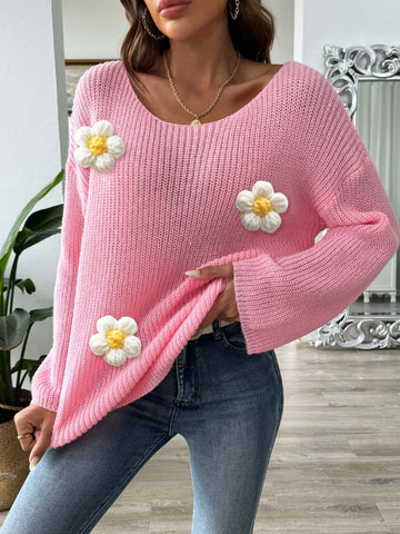 Flower Round Neck Long Sleeve Sweater