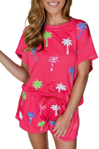 Coconut Tree Round Neck Top and Drawstring Shorts Set