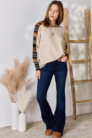 Christmas mood Exposed Seam Long Sleeve Ribbed Knit Top