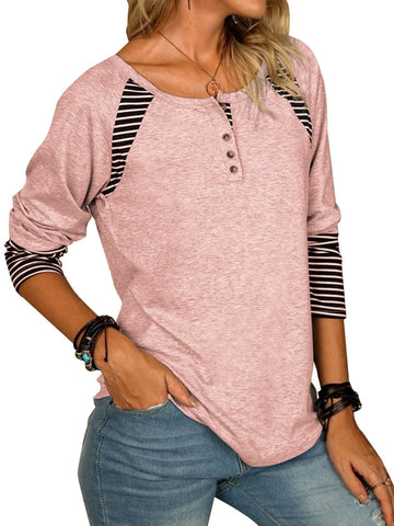 Full Size Striped Quarter Button Long Sleeve T-Shirt