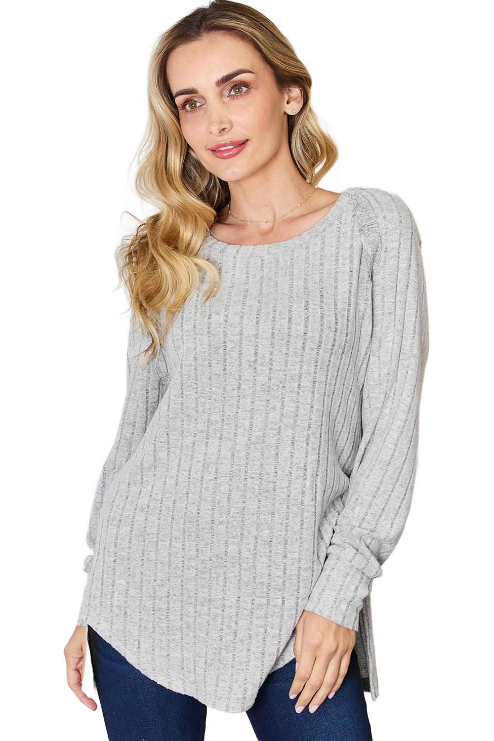 Full Size Ribbed Round Neck Slit T-Shirt