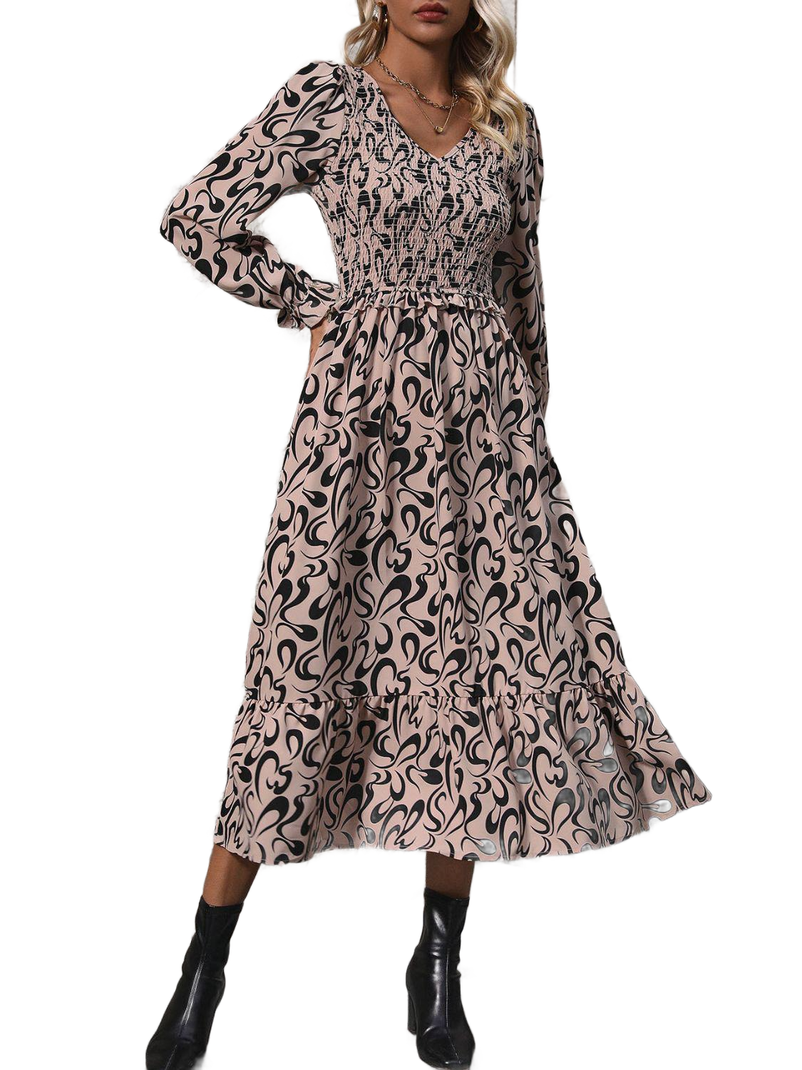 Printed V-Neck Long Sleeve Midi Dress