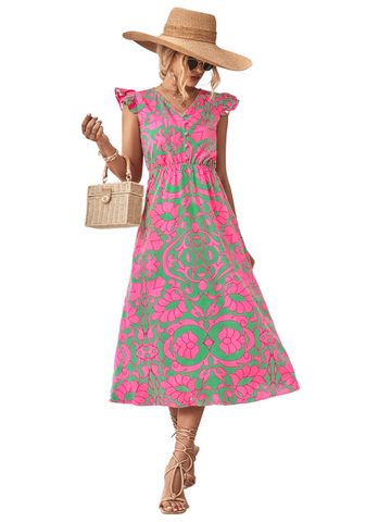 Printed V-Neck Cap Sleeve Dress