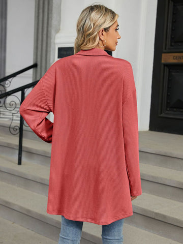 Textured Pocketed Collared Neck Long Sleeve Shirt