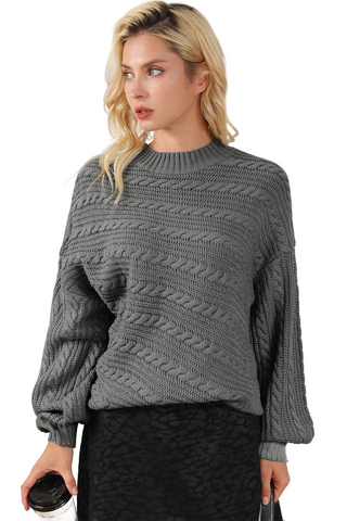 Cable-Knit Mock Neck Dropped Shoulder Sweater