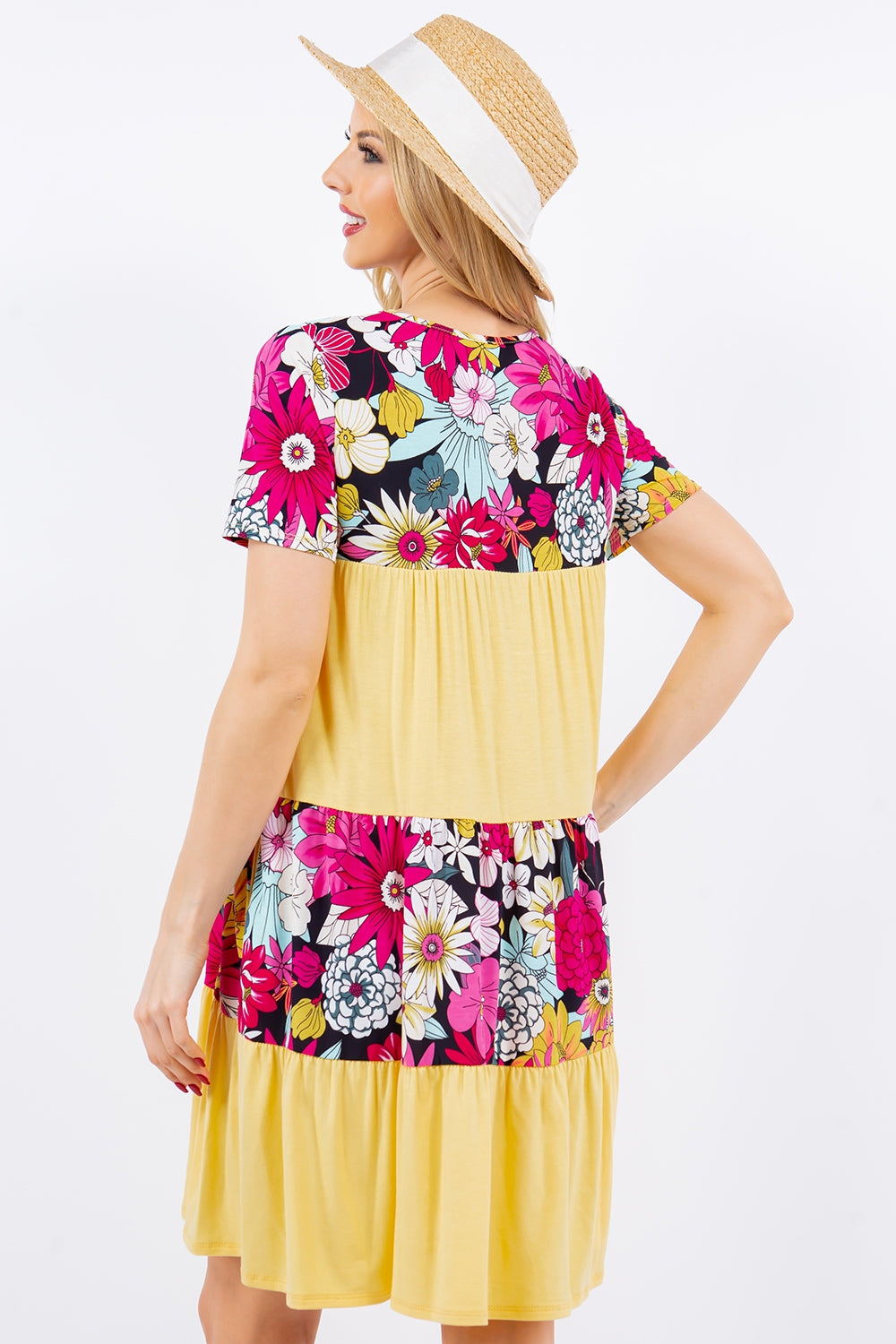 Full Size Color Block Floral Round Neck Short Sleeve Dress