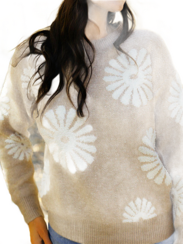 Flower Round Neck Long Sleeve Sweater