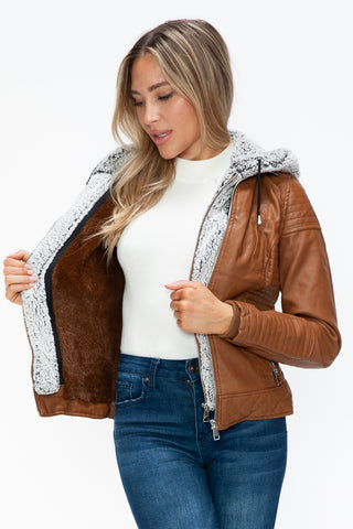 PMI Faux Layered Double-Zipper Jacket with Fuzzy Hood