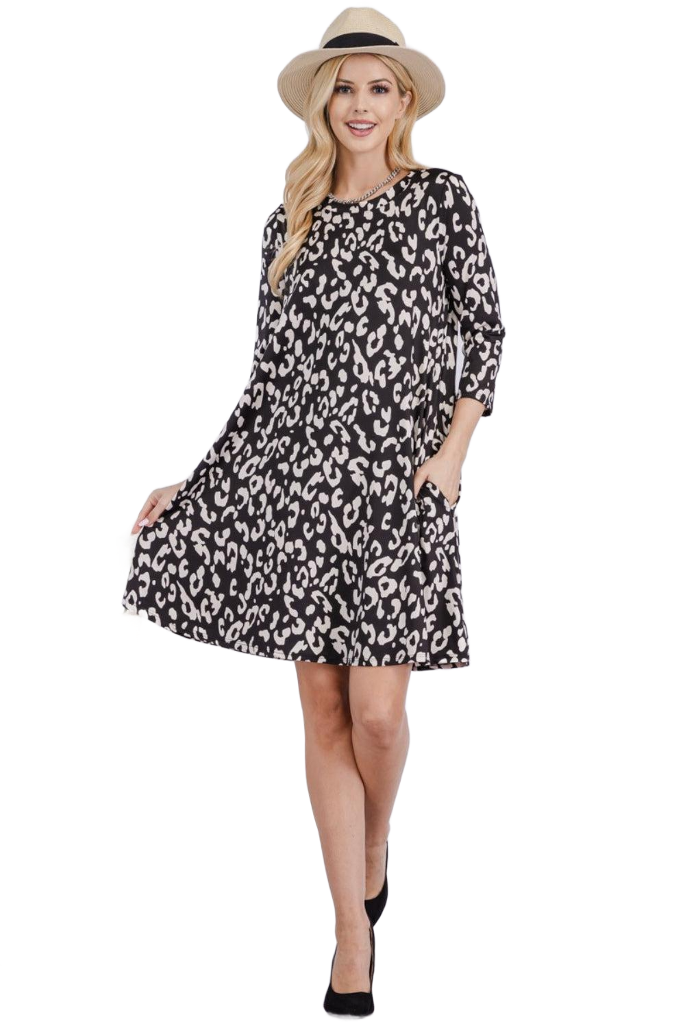 Full Size Leopard Three-Quarter Sleeve Dress with Pockets